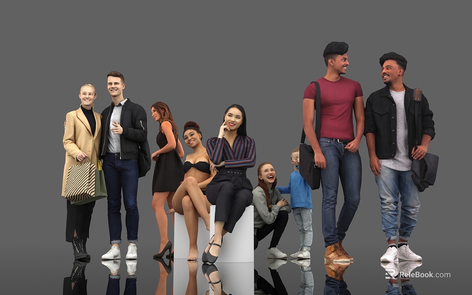 Group of diverse people in various poses with casual stylish outfits on gray background 3d model 