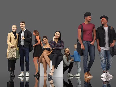 Group of diverse people in various poses with casual stylish outfits on gray background 3d model