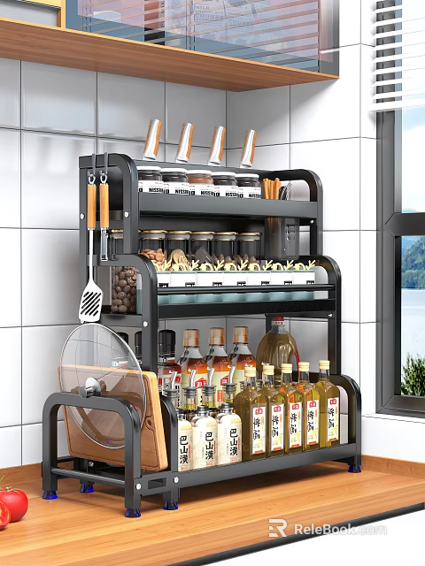 Multi Layer Kitchen Storage Rack With Spice Jars And Cooking Utensils 3d model 