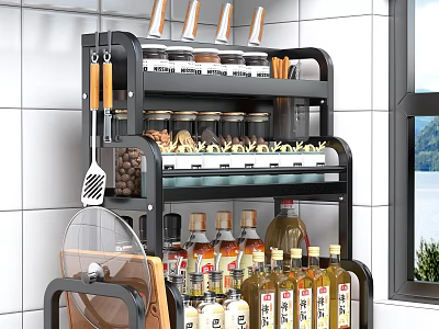 Multi Layer Kitchen Storage Rack With Spice Jars And Cooking Utensils 3d model