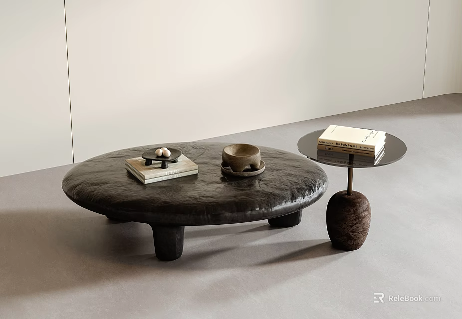Minimalist Black Textured Coffee Table With Books Cup And Side Table 3d model