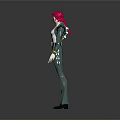 Man With Pink Hair Wearing White Top Green Pants And Black Shoes Standing