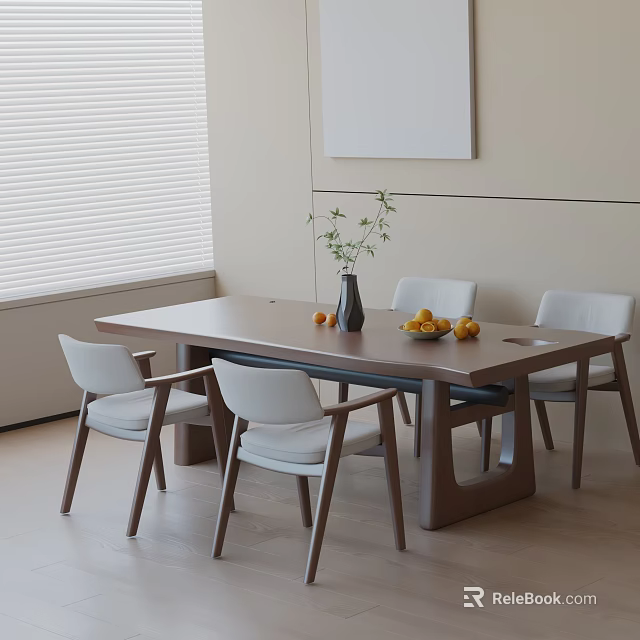 Modern Wooden Dining Table Set with White Chairs Vase Green Plant and Oranges 3d model 