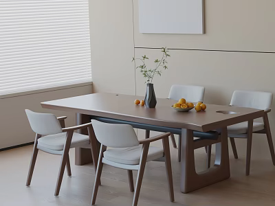 Modern Wooden Dining Table Set with White Chairs Vase Green Plant and Oranges 3d model