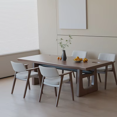 Modern Wooden Dining Table Set with White Chairs Vase Green Plant and Oranges 3d model