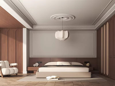 Modern Minimalist Bedroom Interior With Wooden Walls Pendant Light And White Chair 3d model