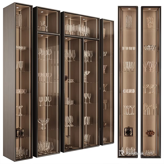 Sleek Modern Wine Cabinet With Glass Doors Showcasing Wine Glasses And Bottles 3d model 