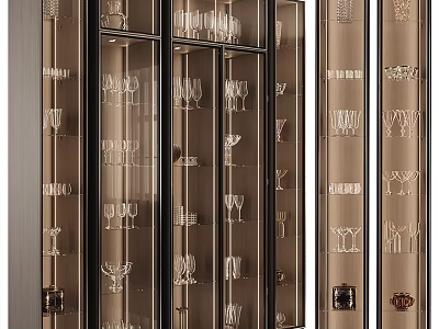Sleek Modern Wine Cabinet With Glass Doors Showcasing Wine Glasses And Bottles 3d model