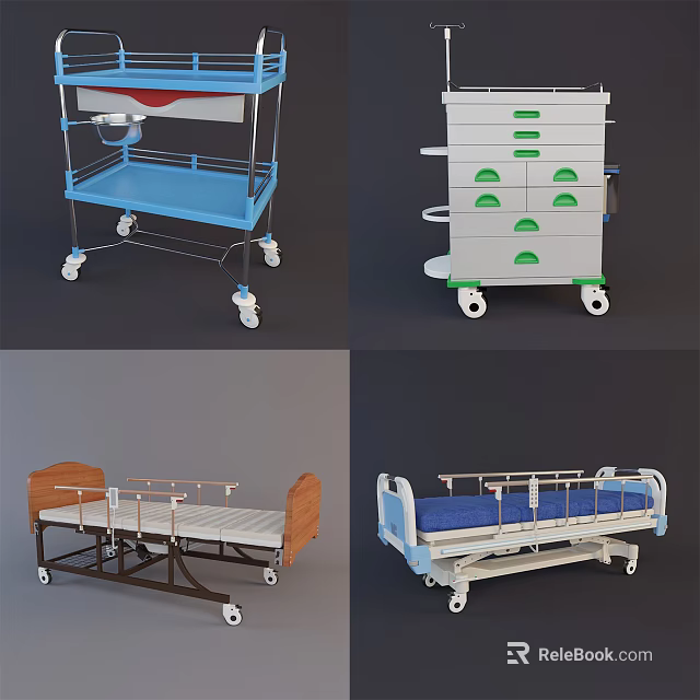 Different Types of Medical Equipment for Healthcare Including Hospital Beds and Mobile Carts 3d model 
