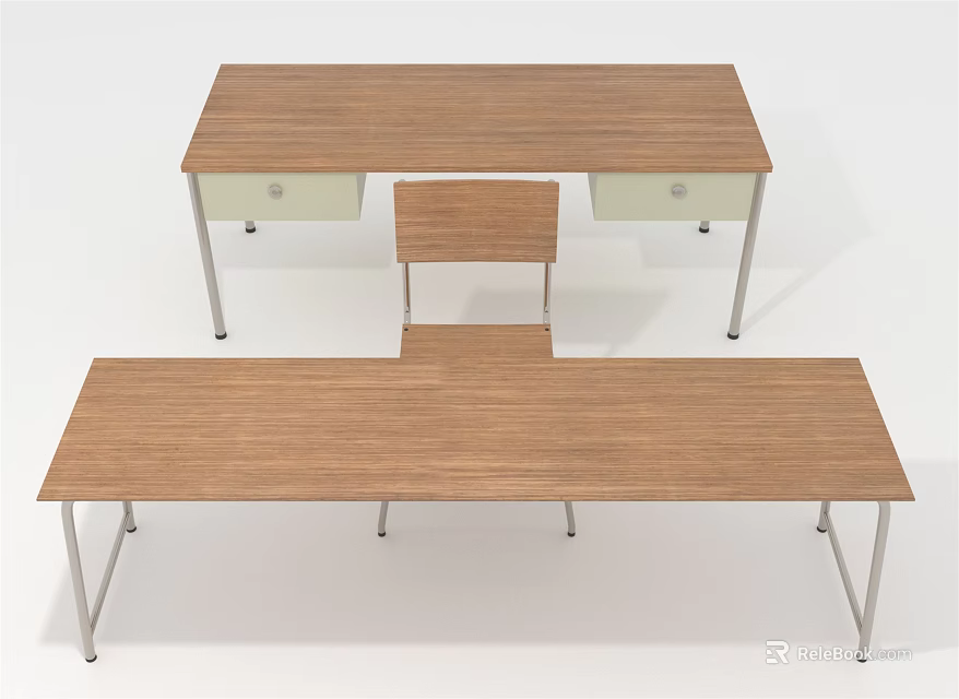 Wooden Desk Furniture Set With Metal Legs And Matching Chair 3d model 