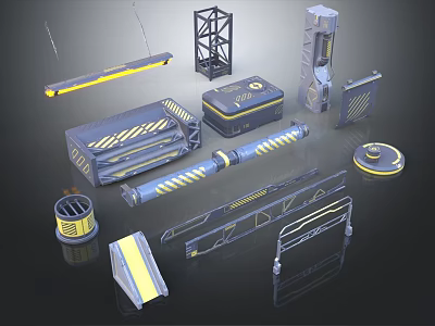 Industrial Mechanical Components With Dark Yellow Accents Boxes Pipes Frames Platforms Railings 3d model