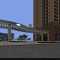 Luxury Modern Entrance Gate with Arched Canopy Pillars and Evening Landscaping Lighting