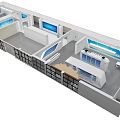 Modern Exhibition Booth Interior With Large Screen Airplane Image Blue Displays And White Seats