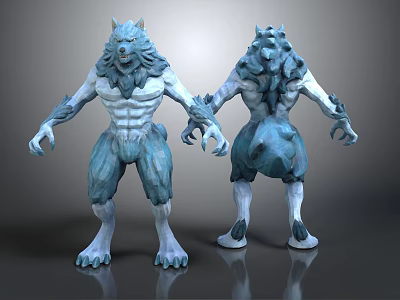 Blue White Muscular Wolf Creature 3D Model Character Design With Front Back Views 3d model