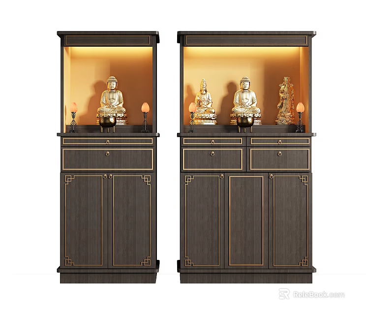 Two Buddhist Shrine Cabinets with Dark Wood Golden Accents Buddha Statues and Warm Lighting 3d model 