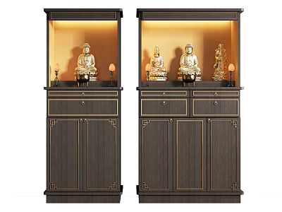 Two Buddhist Shrine Cabinets with Dark Wood Golden Accents Buddha Statues and Warm Lighting 3d model