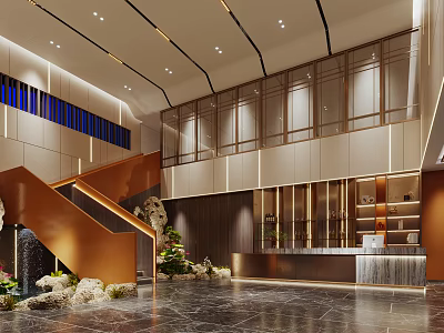 Modern Hotel Lobby Interior Design With Front Desk Marble Floor Staircase And Green Plants 3d model