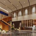 Modern Hotel Lobby Interior Design With Front Desk Marble Floor Staircase And Green Plants