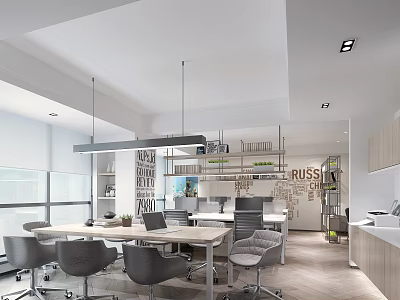Modern Public Office Space With Wooden Table Ergonomic Chairs Hanging Lights And Wall Decor 3d model