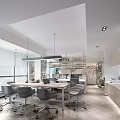 Modern Public Office Space With Wooden Table Ergonomic Chairs Hanging Lights And Wall Decor