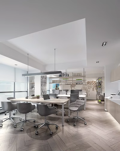 Modern Public Office Space With Wooden Table Ergonomic Chairs Hanging Lights And Wall Decor 3d model