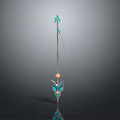 Intricate Long Handled Weapon With Metallic Shaft Blue Orange Accents And Decorative Parts