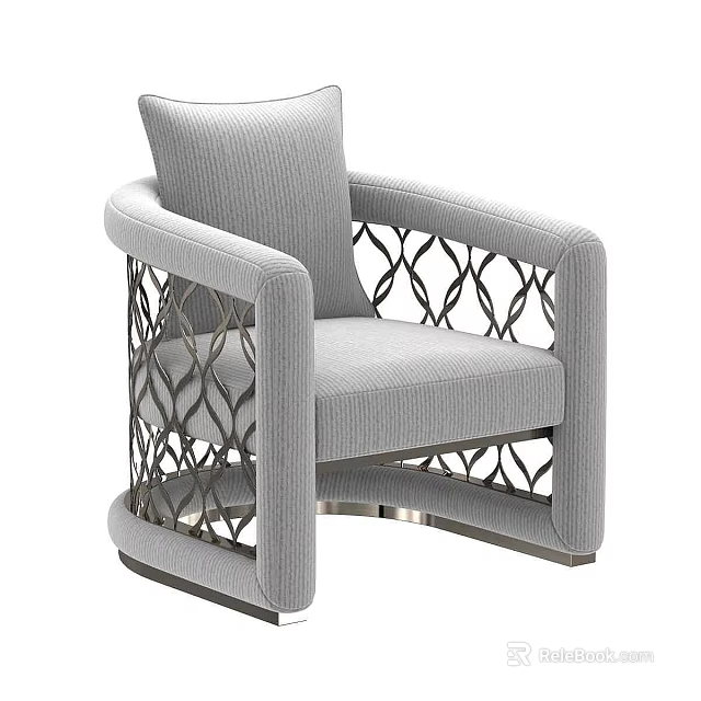 Elegant Modern Accent Chair With Gray Fabric And Intricate Cutout Metal Frame 3d model 
