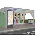 Modern Bus Stop With White Roof Green Glass Bench And Advertising Posters