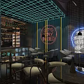 Modern Bar Interior with Neon Lights Colorful Walls Bottle Shelves and Comfortable Seating