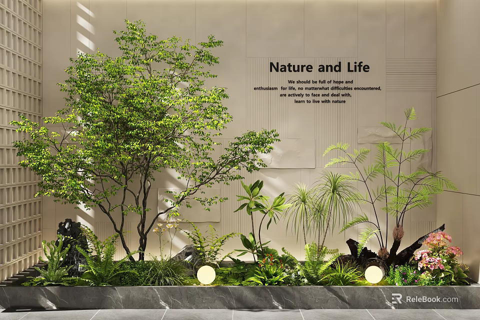 Indoor Landscape With Nature and Life Theme Large Trees Ferns Decorative Stone And Round Lights 3d model 