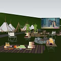 Cozy Camping Campsite With Tents Bonfire Outdoor Screen And Picnic Setup At Night
