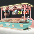 Shopping Mall Candy Store with Pink Frame Decorative Banners and Colorful Candies Display Counters