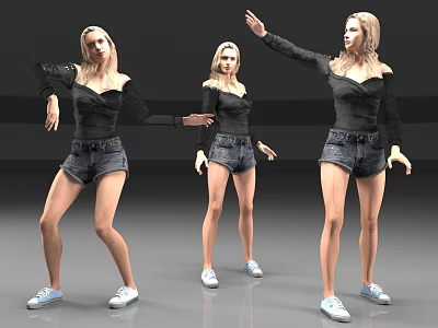 Woman 3D Model in Different Poses Wearing Black Off Shoulder Top Denim Shorts White Sneakers 3d model