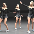Woman 3D Model in Different Poses Wearing Black Off Shoulder Top Denim Shorts White Sneakers