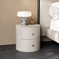 Modern Bedroom Interior With Beige Black Nightstand Drawers And Marble Base Table Lamp