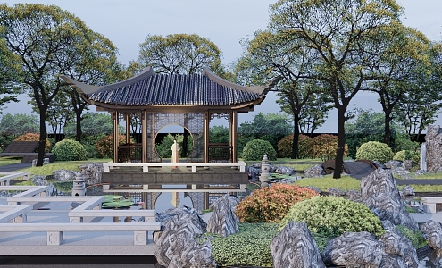 Chinese Pavilion Classical Landscape Garden Pavilion Folding Bridge 3d model