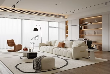Modern Cream Style Living Room Sofa Coffee Table Combination Desk Chair Bookcase 3d model