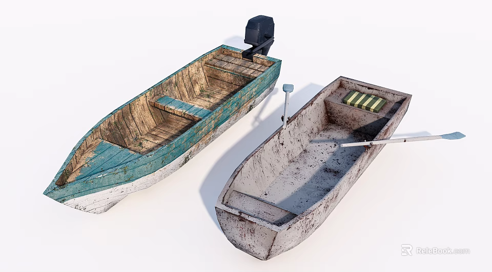 Two Worn Wooden Boats With Blue White And Gray Hulls One Motor And Paddle 3d model 