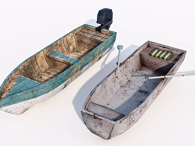 Two Worn Wooden Boats With Blue White And Gray Hulls One Motor And Paddle 3d model