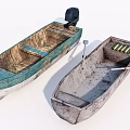 Two Worn Wooden Boats With Blue White And Gray Hulls One Motor And Paddle