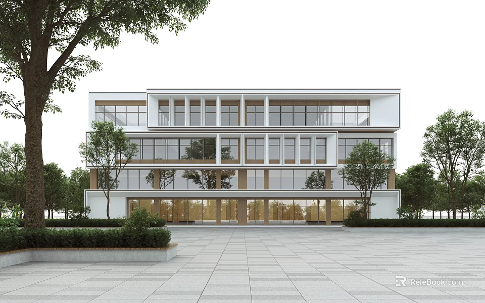 Modern Office Building Exterior Design With Large Glass Windows And Surrounding Trees 3d model 
