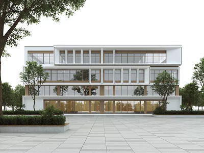 Modern Office Building Exterior Design With Large Glass Windows And Surrounding Trees 3d model