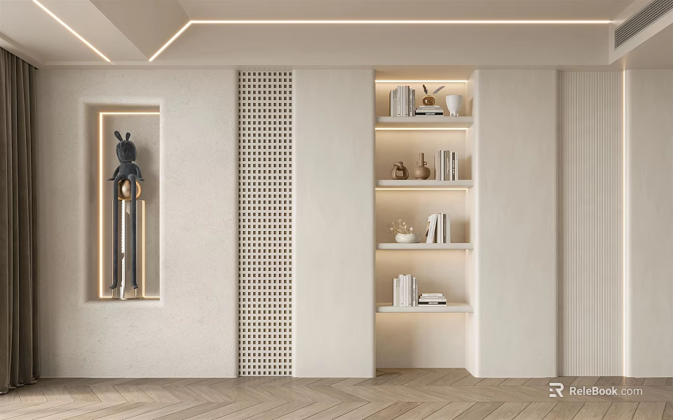 Modern White Bookcase Interior Design With Open Shelves LED Lighting And Decorative Books 3d model 