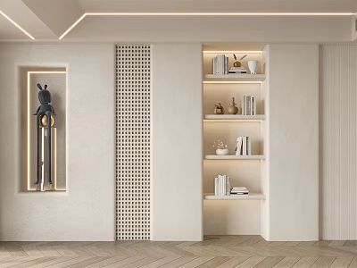 Modern White Bookcase Interior Design With Open Shelves LED Lighting And Decorative Books 3d model