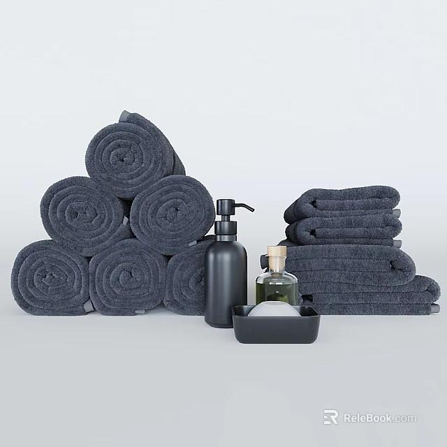 Gray Rolled Bath Towels With Black Soap Dispenser And Bathroom Accessories 3d model 