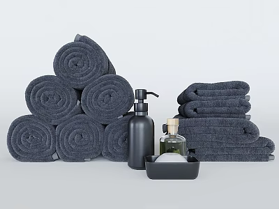 Gray Rolled Bath Towels With Black Soap Dispenser And Bathroom Accessories 3d model