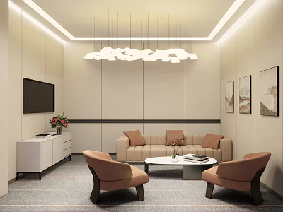 Cozy Hotel Public Lounge Area With Sofa Armchairs Coffee Table And Wall Art Decorations 3d model