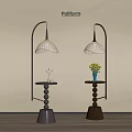 Modern Arc Floor Lamps With Striped Lampshades Black Base Small Tables Blue Vase Yellow Flowers