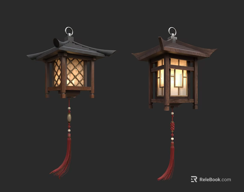 Traditional Chinese Wooden Lanterns With Lattice Windows And Red Tassels One Lit 3d model 