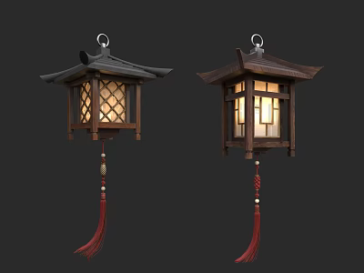 Traditional Chinese Wooden Lanterns With Lattice Windows And Red Tassels One Lit 3d model